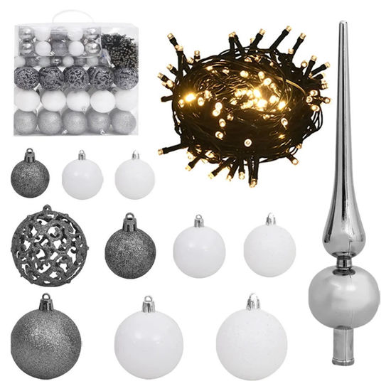 Picture of Christmas Ball Set with Top and LED - 120 pc White and Gold